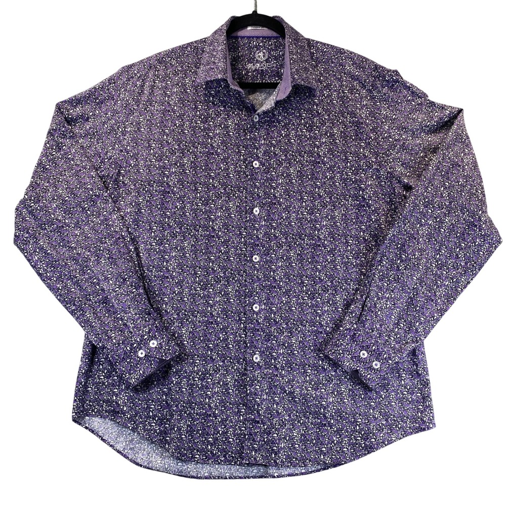 Bugatchi Uomo Mens Shaped Fit Purple Paisley Cotton Long Sleeve Button Up Shirt